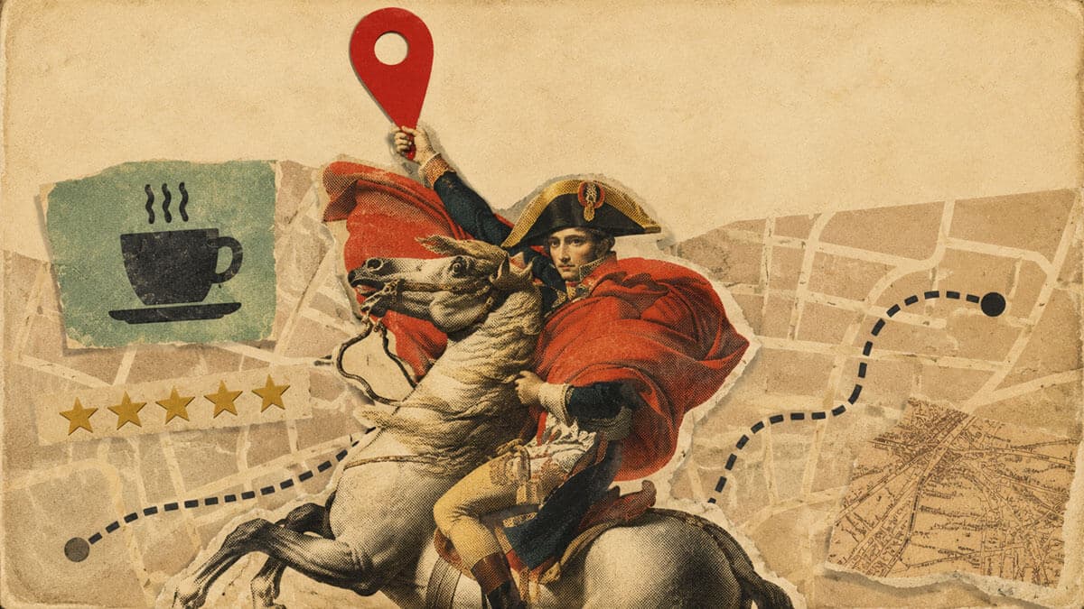 Collage of Napoleon Crossing the Alps holding a map pin, illustrating how to rank your coffee shop on Google Maps.