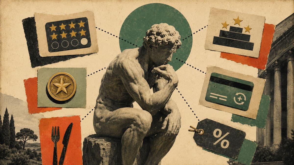 Collage of a Thinker statue choosing between five loyalty program types for restaurants: stamp card, points, tiers, subscription, and discount