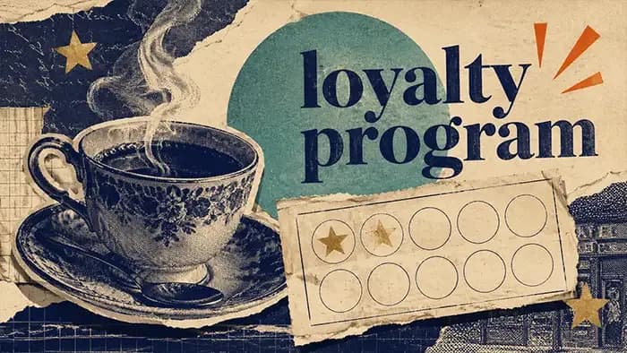 Vintage collage illustrating how to create a loyalty program for customers — a coffee cup and a digital stamp card with two gold-star stamps