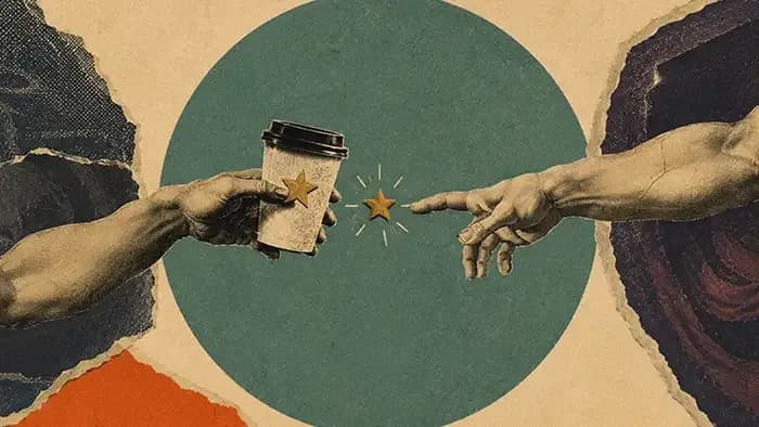 Collage of two hands passing a coffee cup like Michelangelo's Creation of Adam, illustrating the daily habit behind a coffee shop loyalty program
