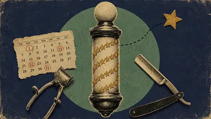 Cut-paper collage of a barber pole with a spiral of gold loyalty stamps, surrounded by clippers, a razor and a calendar of spaced-out visits