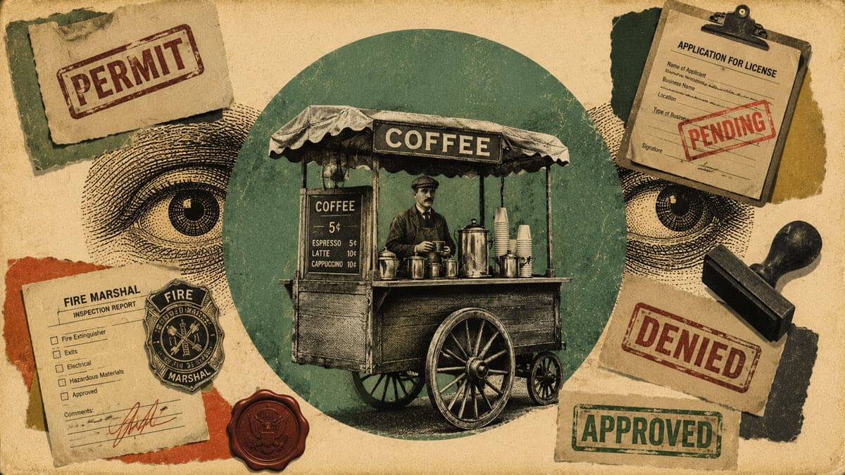 Vintage photo of a mobile coffee cart in a halftone collage, surrounded by permit forms and stamps, with eyes watching from behind — the permits needed to run a coffee cart in the US.